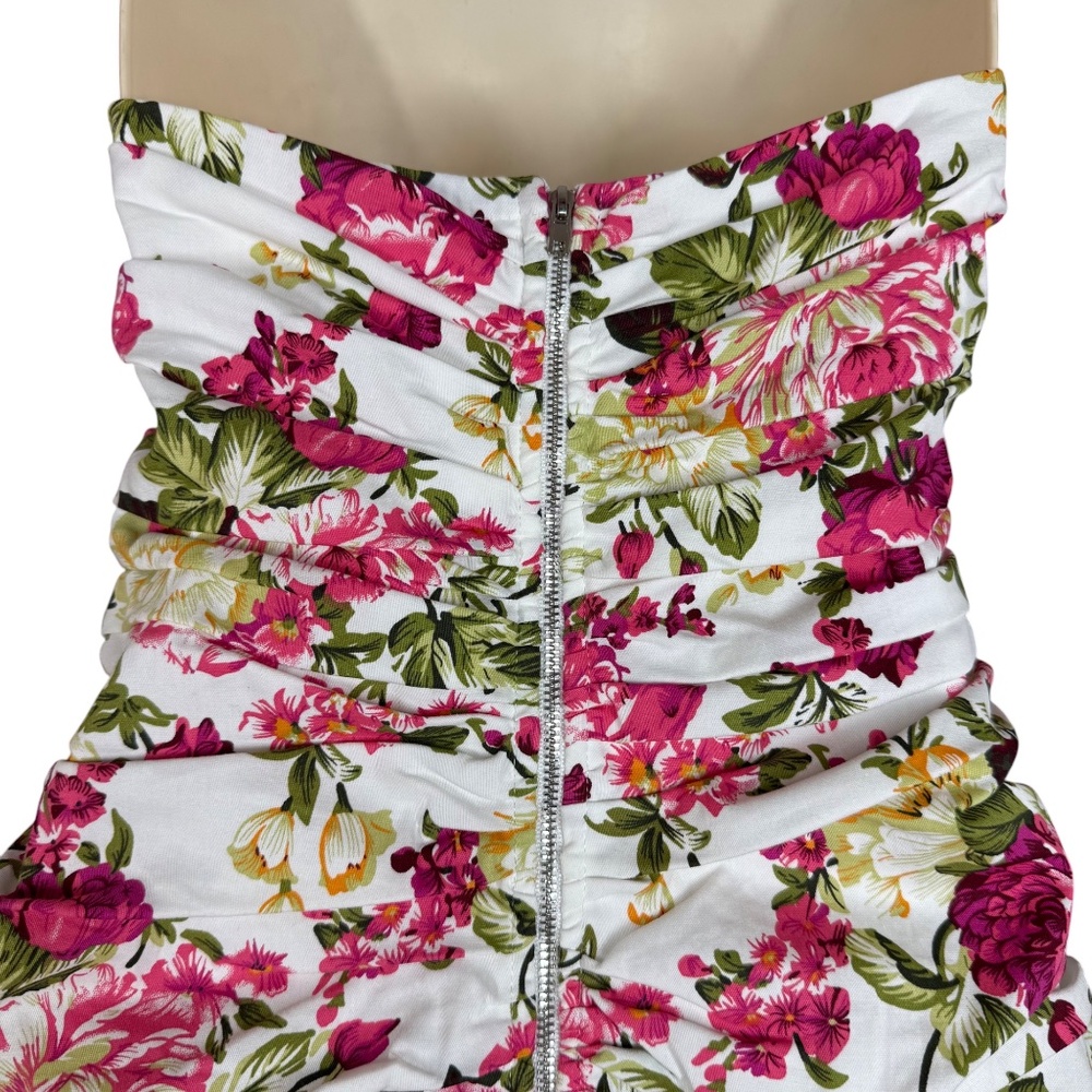 Mable Pink Floral Strapless Ruched Ruffle Mini Dress Size M - Picture 10 of 17
